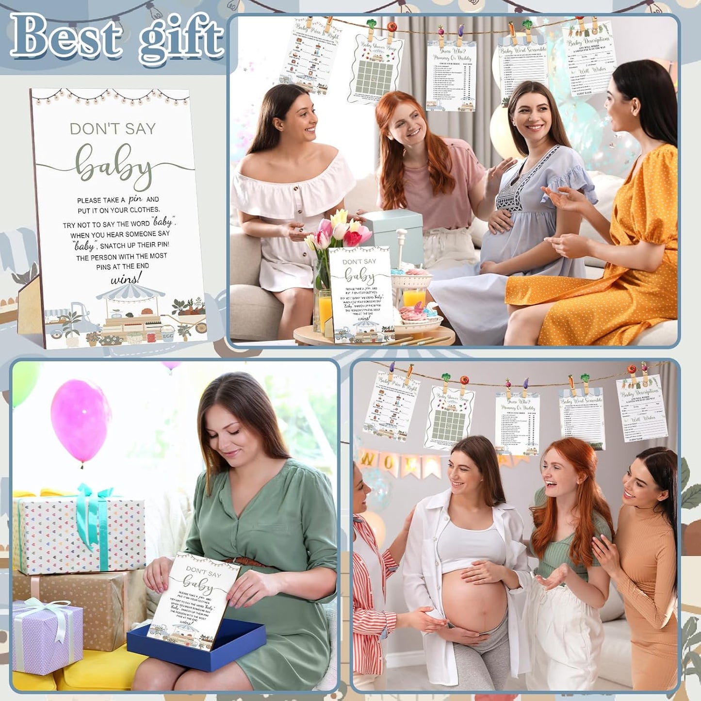 Patelai 321 Pcs Baby Shower Games Supplies, 5 Sets (50 Cards Each) Activities Cards with 20 Pencils 1 Don't Say Baby Sign 50 Clothespin (Locally Grown)