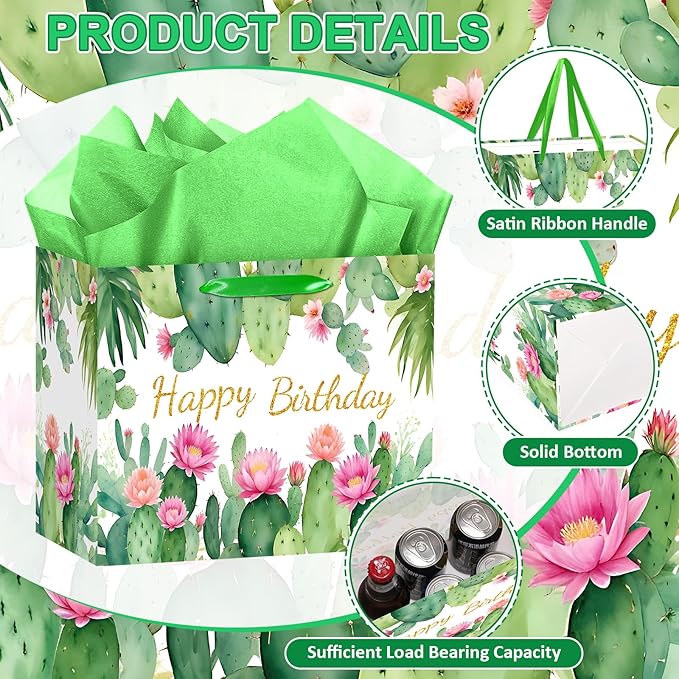 Cactus Birthday Gift Bag Green Happy Birthday Gift Bag with Tissue Paper and Card Cactus Wrapping Paper Party Favors Bag Floral Decorations for Boho Bday Fiesta Wedding Party Supplies