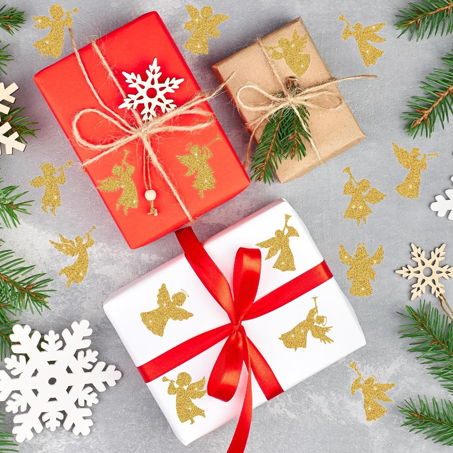 Gold Angel Christmas Stickers - 2 Rolls 16 Gold Foil Angel Designs Waterproof Holiday Decorations for Gift Wrapping, Scrapbook, Kids Crafts, Party Favors, Glass Windows & Laptop Decor