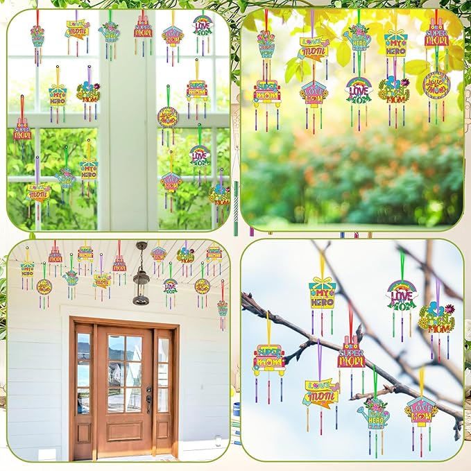 DoubleFill 30 Pack Wind Chime Kit Make You Own Mother's Day Wind Chimes Crafts DIY Coloring Wooden Mother's Day Craft for Mom's Birthday Gifts Party Decoration Art Hanging Ornaments