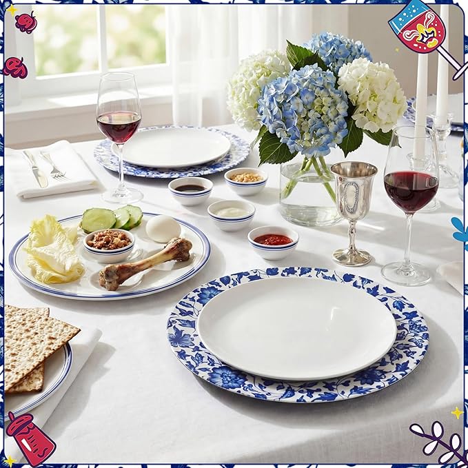 Yungyan 6 Pcs Passover Blue and White Porcelain Charger Plates 13 Inch Round Passover Blue White Porcelain Plastic Plates Large Charger Plate for Holiday Party Decorations Dinner Tableware Supplies