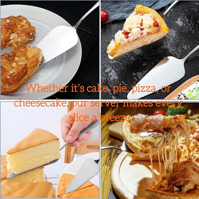 Cake Pie Server Spatula, 2-Pack Stainless Steel Pizza Pastry Cake Slicer Server Set, Cake Cutter with Serrated Edges for Kitchen, Restaurants, Wedding, Birthdays and Parties(Silver & Gold)