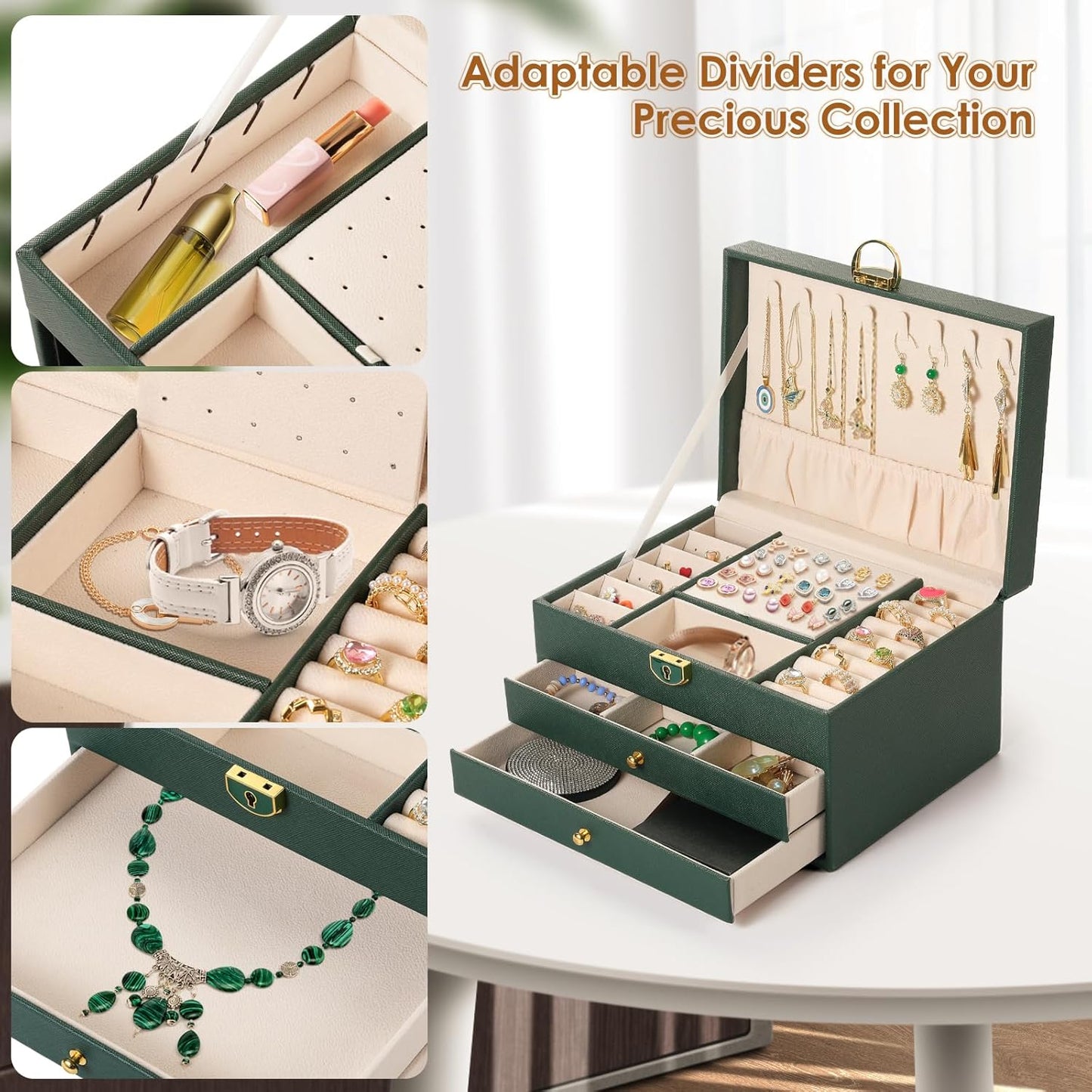 3 Layer Jewelry Box, Jewelry Holder Organizer with 2 Drawer Tray, Large boxes for Women Velvet Earring Organizer, Lockable & Organizers, Birthday Gifts for Women Mom, Green