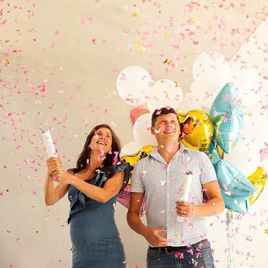 PrimePure Gender Reveal Confetti Cannon - Butterfly Shaped Confetti Poppers - Pink, 2 Pack - Baby Girl Gender Reveal Party Poppers Shooters - Pink Paper Butterflies Baby Shower Party Supplies Pop Gun