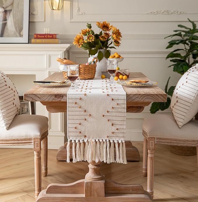Boho Table Runner 13 x 90 Inch Long Natural Cotton Woven Runner with Tassels for Home Dining Table décor, for Modern Farmhouse Decor Coffee Table Runner, Brown and Beige