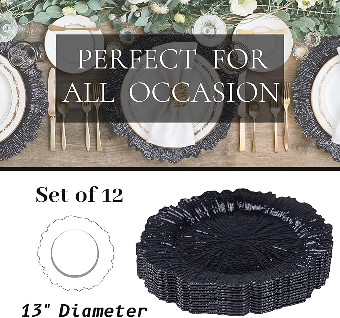 MAONAME Black Charger Plates Set of 12, Reef Plate Chargers for Dinner Plate, Plastic Decorative Plates for Table Setting, Thanksgiving, Christmas