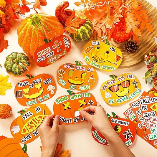 48pcs Halloween & Thanksgiving Pumpkin Craft Kit – DIY Christian Cross Ornaments with Ribbons for Sunday School, Fall Party & Faith-Based Activities