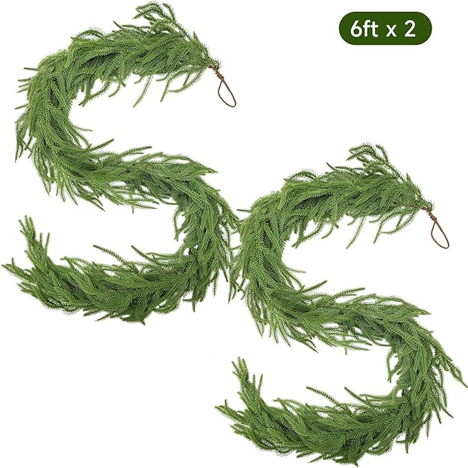 Norfolk Pine Garland Christmas Garland Set -2X 6FT Realistic Artificial Cedar Garland Christmas Greenery for Mantle, Staircase, Indoor/Outdoor Holiday Decor Lush Evergreen (2, 6 FT)