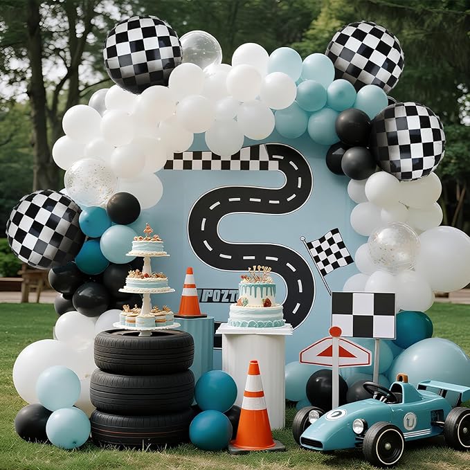 Race Car Balloon Bundle Checkered Balloons Blue Black Latex Balloon Boy One Happy 1st 2nd Vintage Two Fast Theme Fast One Race Car Birthday Party Decor Supplies 20 Pcs Kit