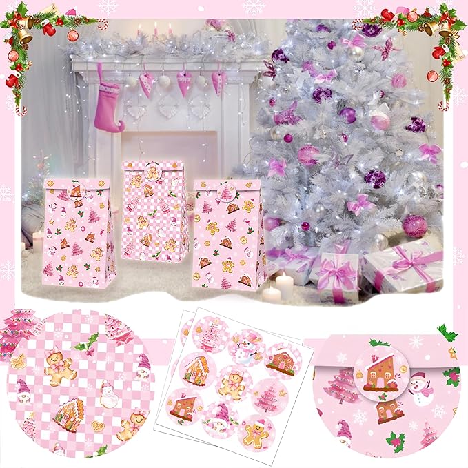 Inshinern 12 Pcs Pink Christmas Tree Party Favor Bags Small Christmas Gift Bags with Stickers Snowman Candy Cane Bag for Gingerbread Man Theme Birthday Baby Shower Decorations, Xmas Party Supplies