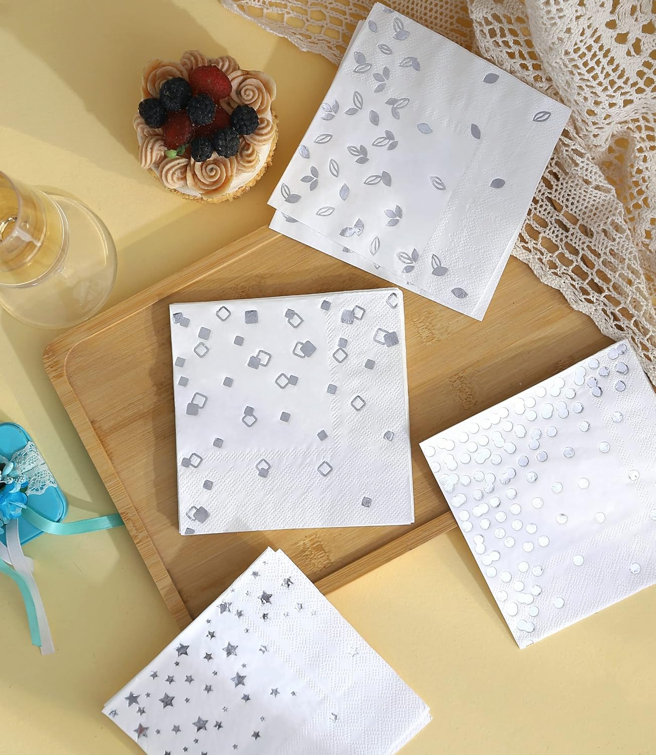 100 PK Silver Napkins - 4 Assorted Designs - 3-Ply Cocktail Napkins Folded 5 x 5 Inches Bar Napkins Disposable Party Napkins Paper Napkins Beverage for Wedding Bridal Baby Shower Birthday