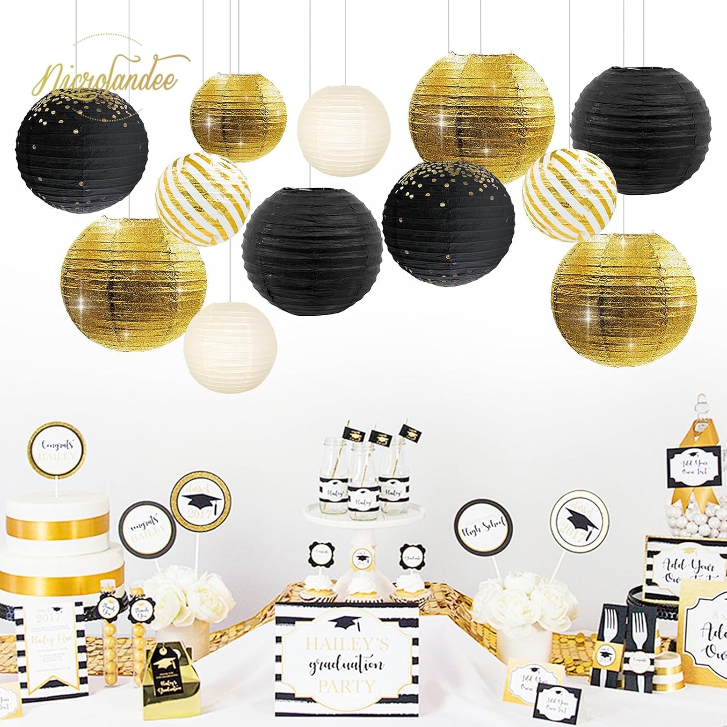 NICROLANDEE Black Gold Party Supplies - 12PCS Black and Gold Metallic Foil Paper Lanterns Decorative for Wedding, Graduation, Birthday, Baby Shower, Retirement, New Years Eve Party 2026