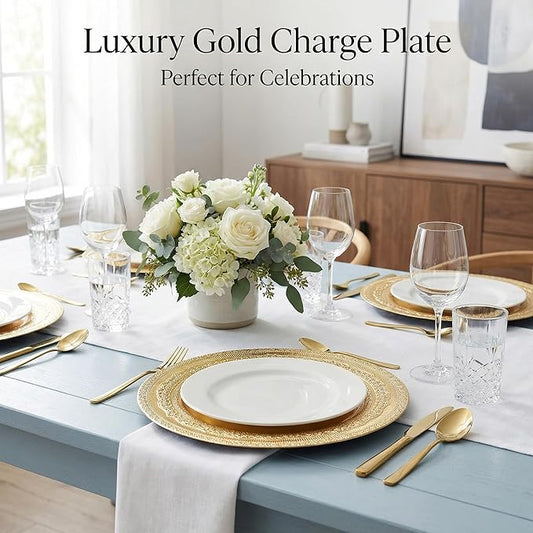 13 IN Gold Charger Plate Collection, 12-Piece Plastic Decorative Plates, Disposable Charger Plates Bulk for Anniversary Halloween Bachelor Party (Lace Gold, 12 PCS)