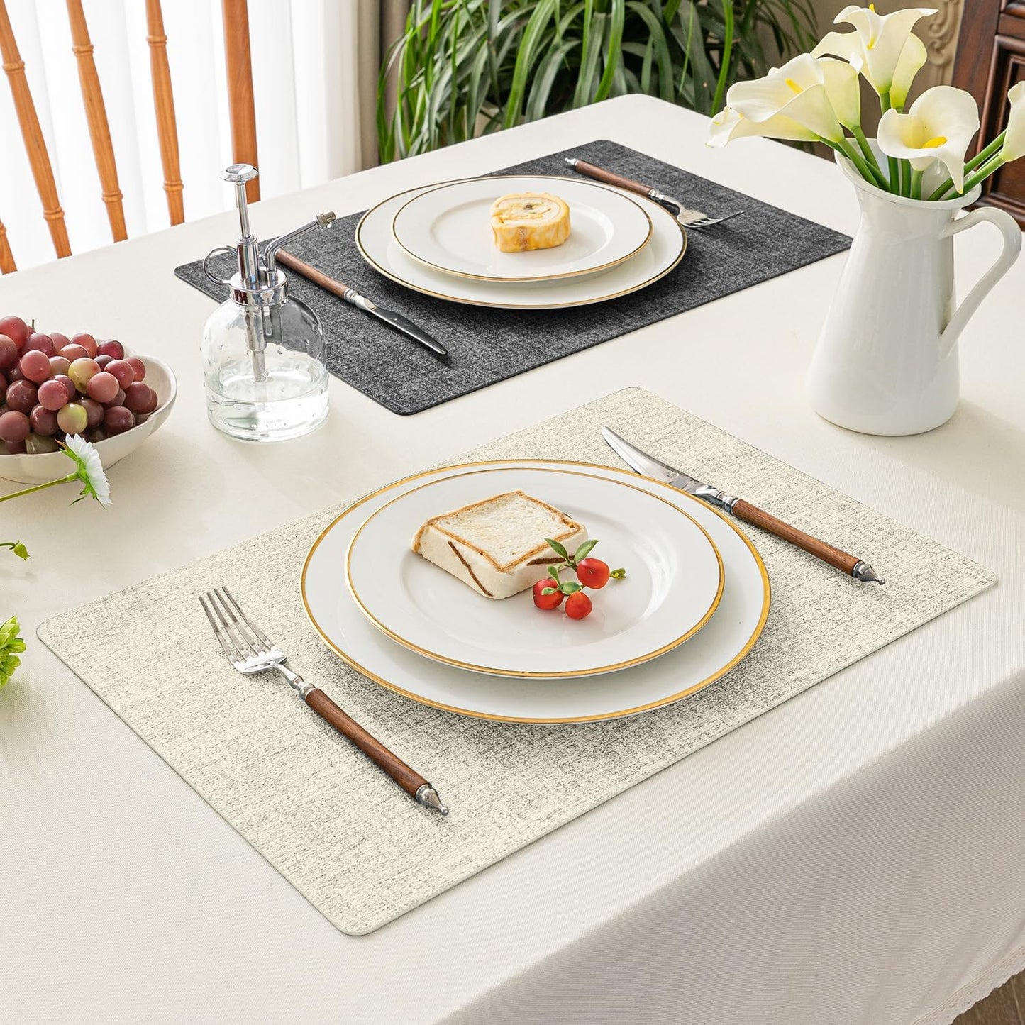 Romanstile Reversible Vinyl Placemats Set of 8, Faux Leather 100% Waterproof Oil-Proof Wipeable Place Mats, Heat Resistant Dual Sided Table Mats for Kitchen/Dining/Party (Grey Beige, 12 x 17 Inch)