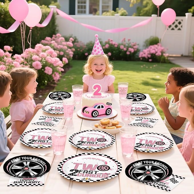 Grencian 96Pcs Two Fast Birthday Party Supplies Pink Race Car 2nd Party Plates and Napkins Checkered Flag Tableware for Kids Girls Racing Car 2 Year Old Birthday Decorations Serves 24