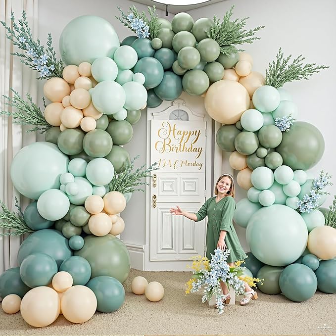 412Pcs Dusty Blue Green Balloon Garland Arch Kit,Haze Fog Blue Ash Mist Sage Green Sand White Gold Balloons Different Sizes Matte Latex Balloons for Baby Shower Birthday Wedding Party Decorations