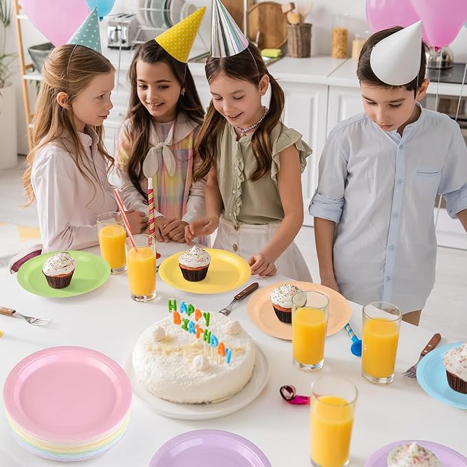 Kochorie 60 Pieces Pastel Rainbow Disposable Paper Plates 9 Inch Heavy Duty Dinner Plates, Solid Color, Table Decorations Party Supplies for Birthdays, Weddings, Daily Use