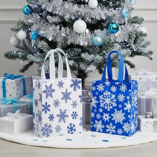 Wovnet 30 Pcs Christmas Bags Bulk Dark Blue Snowflake Winter Merchandise Gift Bags with Handles Reusable Non Woven Tote Shopping Goodie Pouch for Xmas Party Favors 10 x 8 x 4in