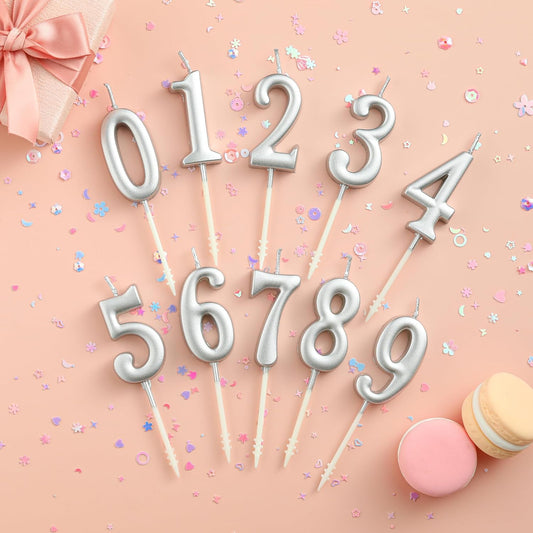 10-Pieces Silver Numeral Birthday Candles, Cake Numeral Candles Number 0-9 Glitter Cake Topper Decoration for Birthday,Wedding Anniversary,Party Celebration