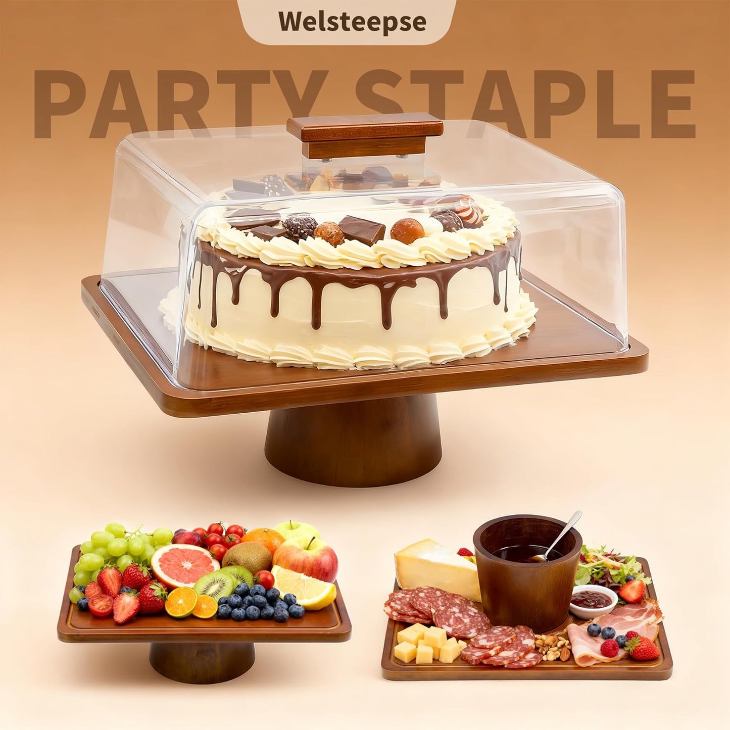 Wood Cake Stand with Lid, Rectangular Cake Holder, 2-in-1 Dessert Table Display Set & Charcuterie Board for Cheese, Cake Fruit Display Server Tray for Kitchen, Birthday, Weddings - Footed