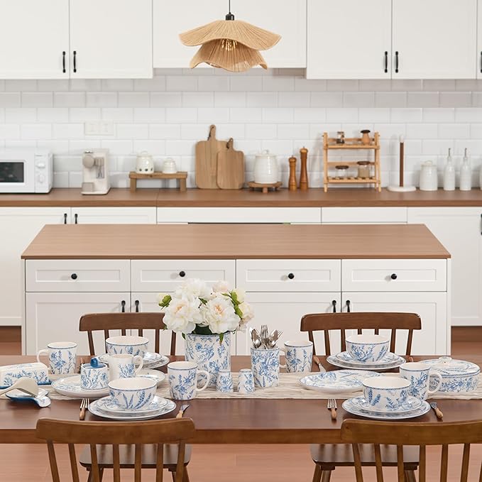 Bico Blue Garden Toile De Jouy Salad Plates Set of 4, 8.75 Inch Ceramic Dessert Plates for Salad, Appetizer, Side Dishes, Microwave and Dishwasher Safe, Gift for Housewarming and Thanksgiving