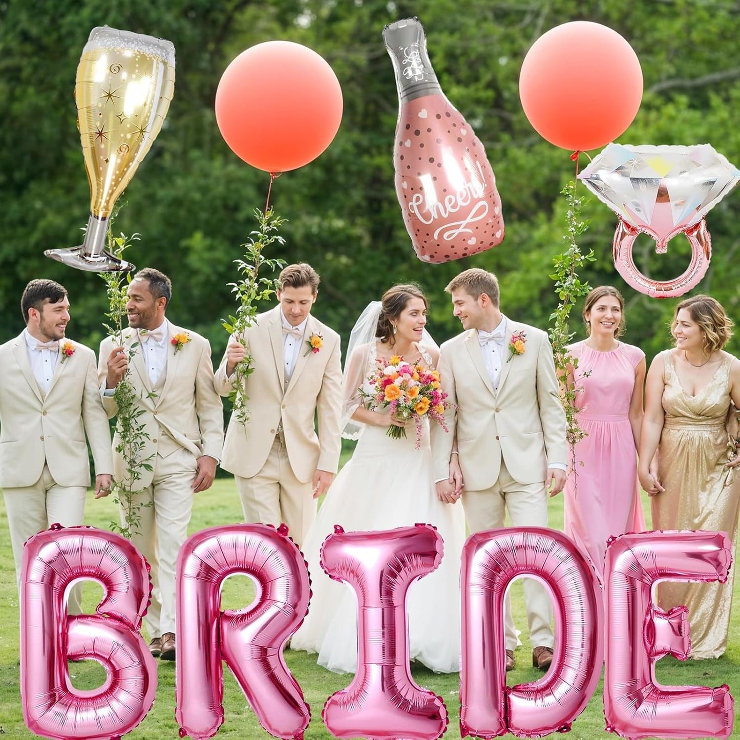 40inch Bride Balloons Pink Letters Banner, Bachelorette Party Decorations Set with Diamond Ring Champagne Bottle Balloon Glass Foil Balloon for Pink Bachelorette Engagement Wedding Bridal Shower Decor
