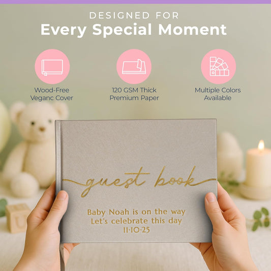 Promot Personalized Guestbook for Party (Champaigne Beige) - 110 Lined Pages in Wood-Free Vegan Leather Hard Cover - Wedding Guest Book Sign in and Photos, Baby Shower, Birthday or Graduation