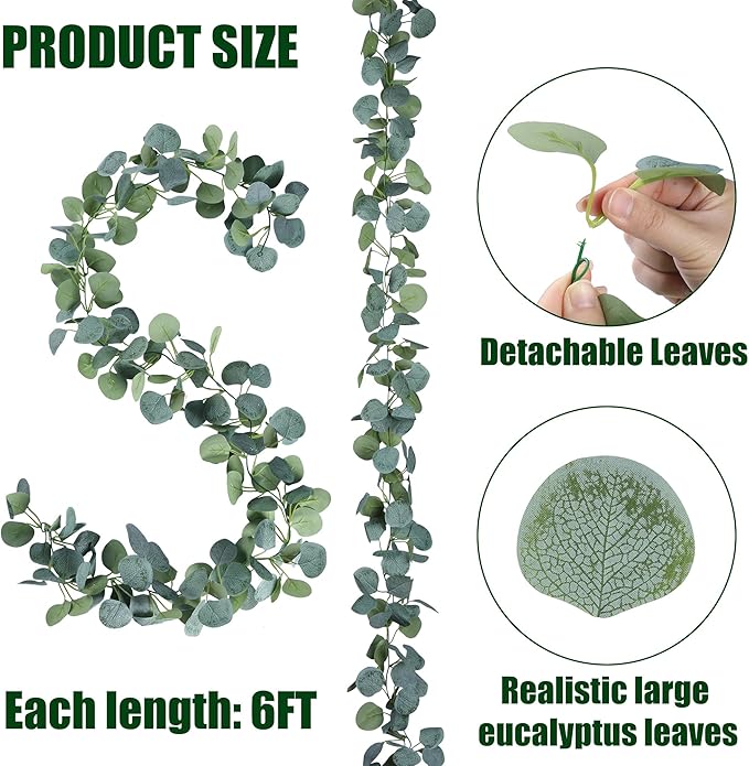 Sggvecsy 4 Pack Artificial Eucalyptus Garland Greenery Leaves Handmade 3D Silk Vines Silver Dollar Leaves Faux Leaf Plants for Wedding Wall Table Party Home Fireplace Bedroom Decor