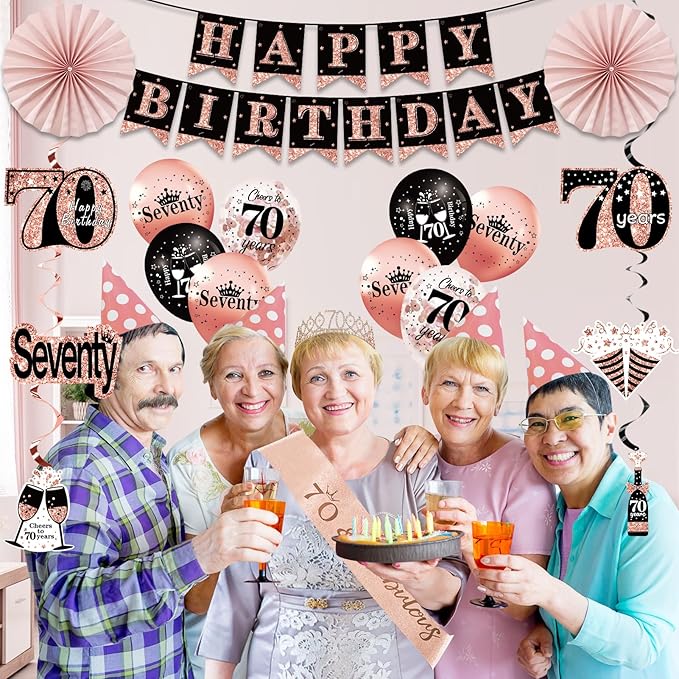 70th Birthday Decorations for Women: 33pcs Kit with Crown, Sash, Banner, Backdrop, Balloons, Swirls & Fans in Rose Gold & Black