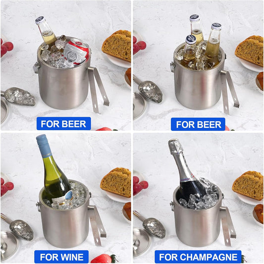 Ice Bucket with Lid & Tong- Well Made Insulated Stainless Steel Keep Ice Frozen Longer - Ideal for Cocktail Bar, Parties, Chilling Wine, Champagne - 2 Liter (Stainless Steel)