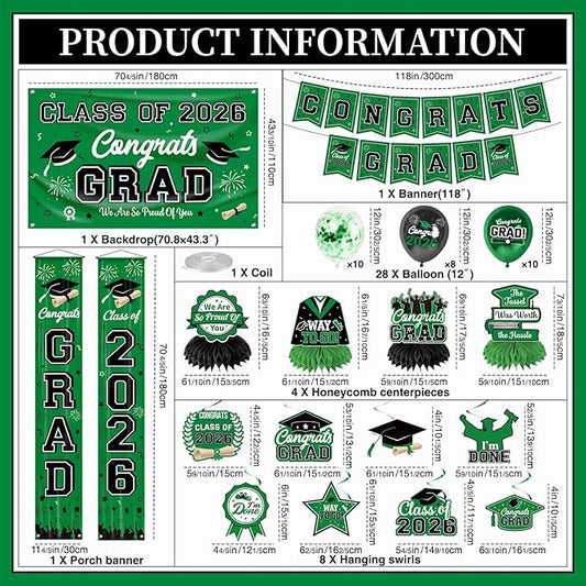 Graduation Decorations Class of 2026 Green Graduation Party Decor Set include Congrats Grad Banner Backdrop Class of 2026 Balloons Party Supplies