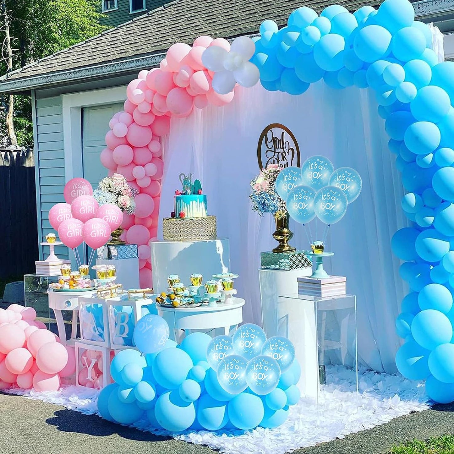 Gender Reveal Balloons, 50 Pcs Pink Blue White Latex for Baby Shower Decorations