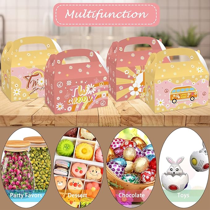MIKIMIQI 12 PCS Groovy Boho Rainbow Hippie Party Decorations Boxes - Retro Daisy Party Gift Bags for Girls 2nd Birthday