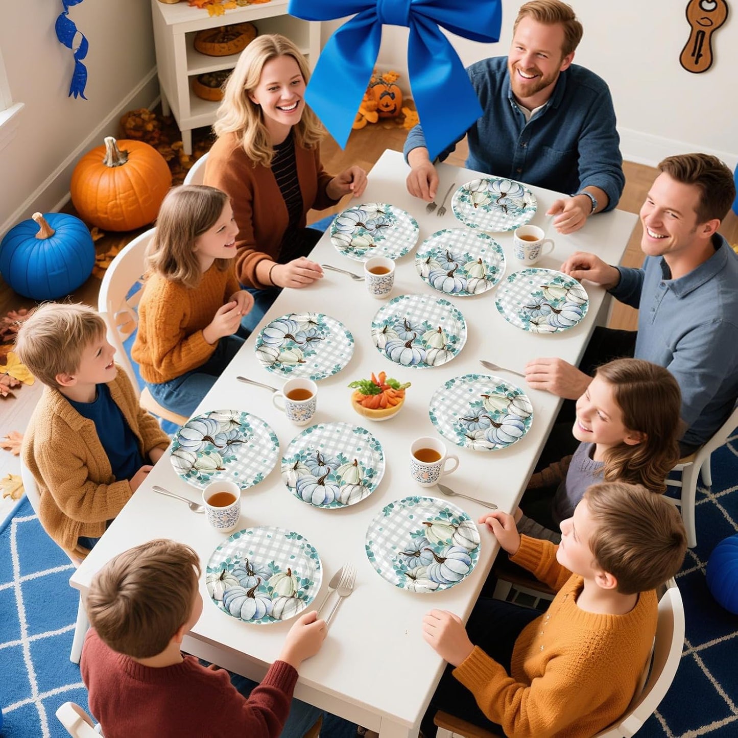 Grencian 50 Pcs Fall Blue Gingham Paper Plates 7" Blue Pumpkin Plates Disposable Thanksgiving Platter Fall Party Decorations for Thanksgiving Autumn Holiday Harvest Birthday Party Supplies