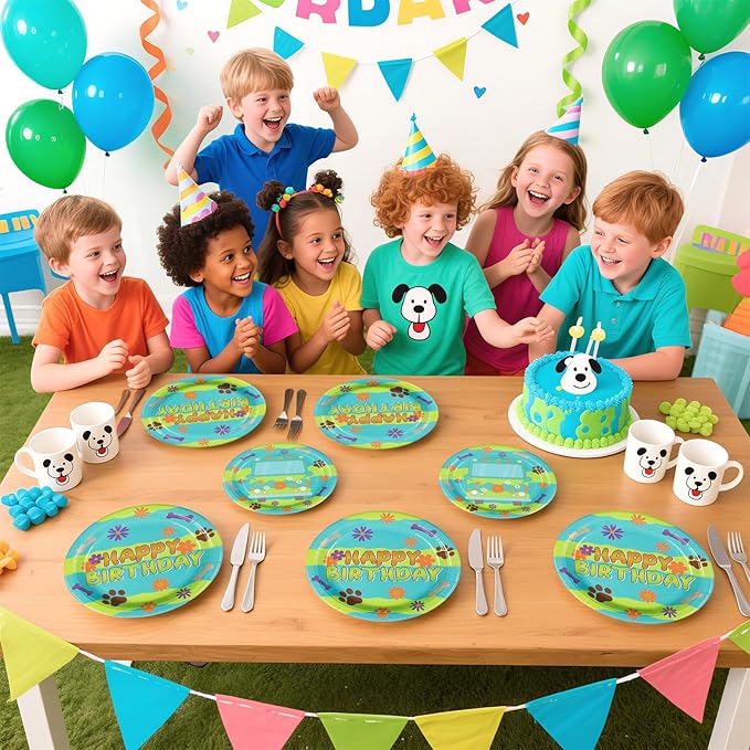Grencian 96Pcs Mysterious Car Birthday Party Supplies Blue Green Dog Plates and Napkins Carton Dog Paw Tableware Set for Kids Birthday Baby Shower Party Supplies