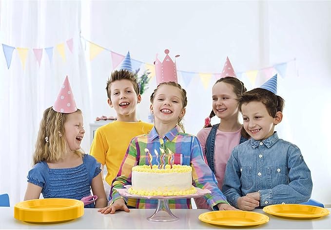 Party Solids Yellow Plastic Plates For Party Supplies, Yellow Disposable Plates 100 Pieces - 50-7" & 50-9" Heavy Duty 350 GSM Disposable Dinnerware Sets, Plastic Dinnerware Sets