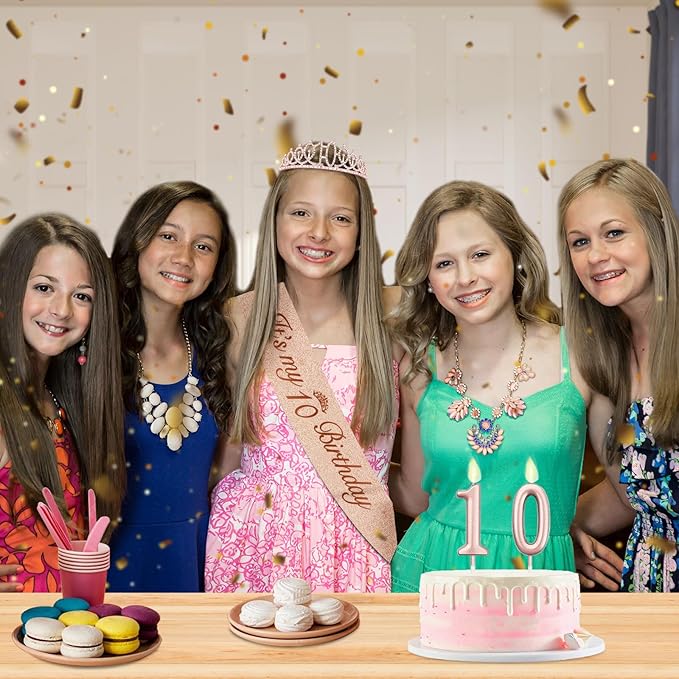 10th Birthday Decorations for Girls with Rose Gold Sash, Tiara,Numbers Candles, Sincere 10th Birthday Gifts for Girls