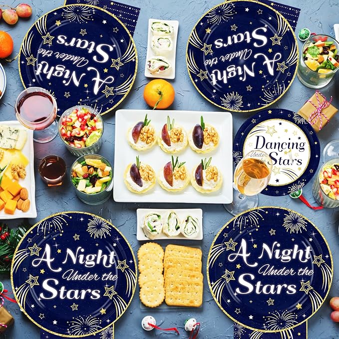 Grencian Dancing Under the Stars Decorations - 96 Pcs Navy Blue Starry Night Party Plates and Napkins Gold Star Disposable Tableware for A Night Under the Stars Birthday Party Decorations Serve 24