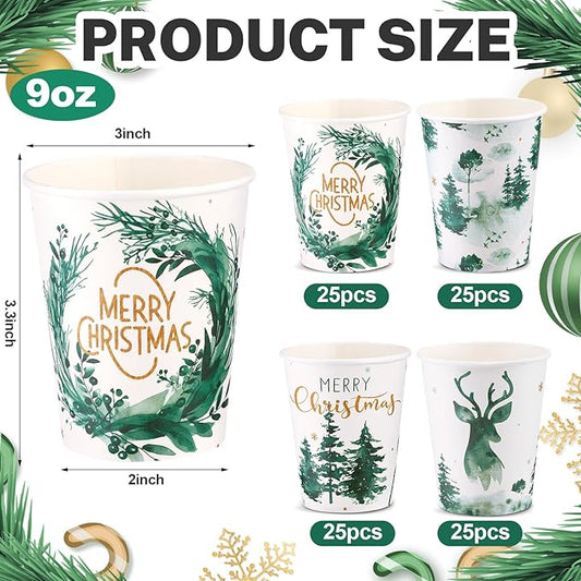 Funtery 100 Pieces Christmas Paper Disposable Cups Forest Landscape Design 9 Ounce Drinking Tea Christmas Paper Coffee Cups for Xmas Daily Use Holiday Party