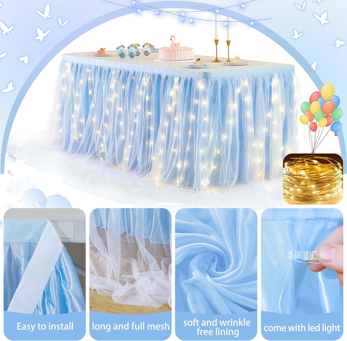 17FT Baby Blue Tulle Table Skirt for Rectangle or Round Tables Baby Blue Tutu Table Skirt with LED Lights for Princess Birthday Party Baby Shower Gender Reveal Wedding Banquet Cake Dessert Decorations