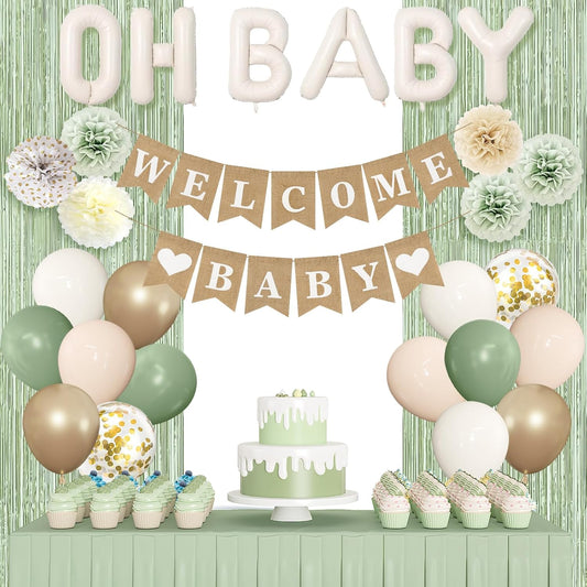 Ouddy Party Sage Green Baby Shower Decorations for Baby, Green Balloons with WELCOME BABY Banner Fringe Curtains Foil Balloons Paper Flower for Boho Baby Shower Birthday Gender Reveal Party Supplies