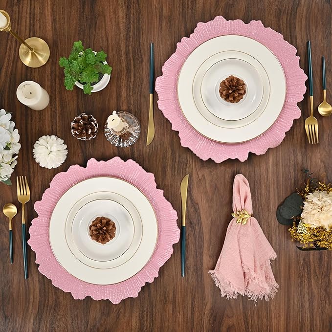 Pesonlook 24Pcs Pink Charger Plates Round 13inch, Reef Plate Chargers for Dinner, Bulk Plastic Floral Table Charger Plates for Dinner Wedding Party Event Table Setting Decoration(Pink)