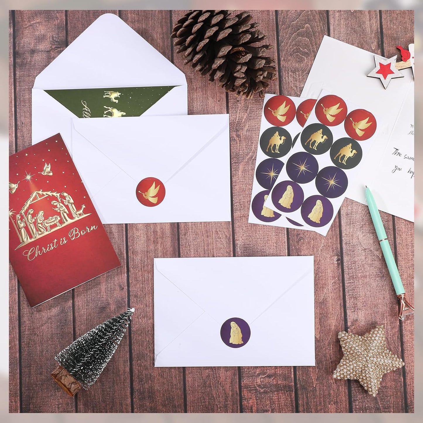 Christmas Cards with Envelopes and Stickers, 24 Pack Religious Christmas Cards, 4 Religious Designs Gold Foil Embossed Greeting Card for Xmas