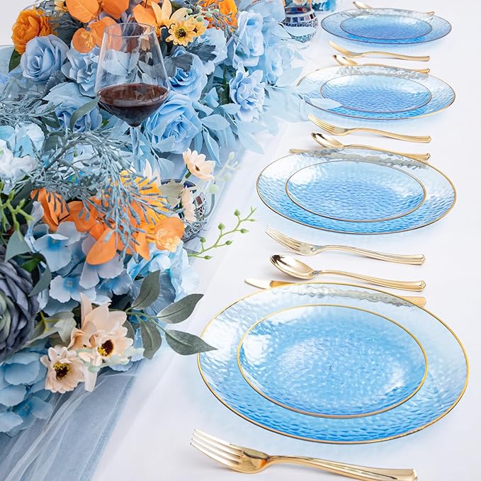 Rubtlamp 60Pcs Clear Blue Plastic Plates, Hammered Blue Plates, Clear Fancy Disposable Plates With Gold Rim Include 30 Dessert Plates, 30 Dinner Plates for Party