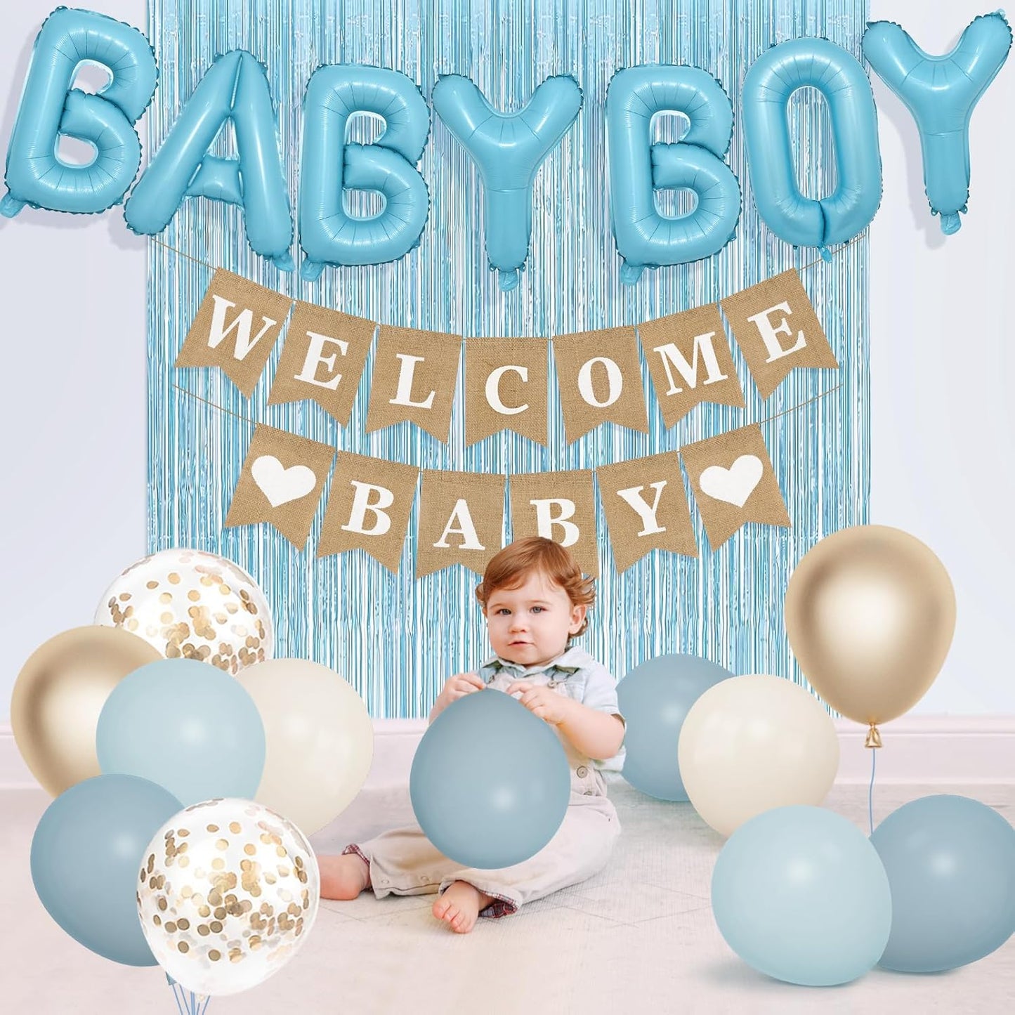 Ouddy Party Dusty Blue Baby Shower Decorations for Boy with Welcome Baby Banner Baby Boy Blue Champagne Sand Foil Balloons Fringe Curtains Paper Pom Poms for Baby Shower Gender Reveal Party Supplies