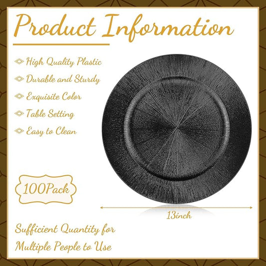 Tanlade 100 Pcs Charger Plates Bulk, 13 Inch Plastic Round Charger Dinner Plates Elegant Wedding Serving Plate for Event Tabletop Wedding Party Bridal Baby Shower Decor (Black)