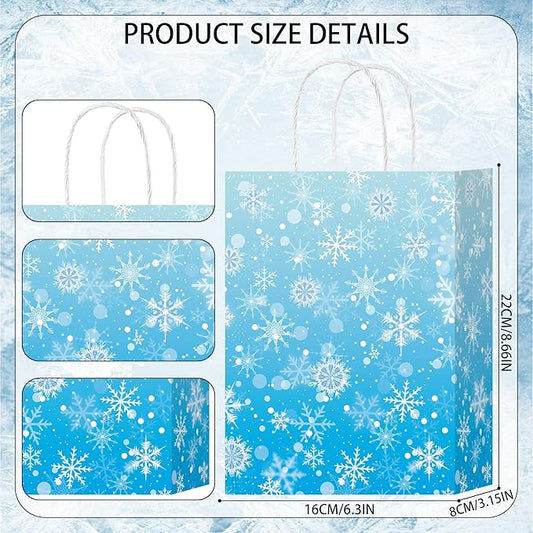 HongXingHai Christmas Gift Bags with Handles, 16 Pack Kraft Paper Bags with Snowflake Design, Reusable Holiday Party Favor Bags for Christmas, Winter Birthday, Wedding, Shopping, Small Gifts