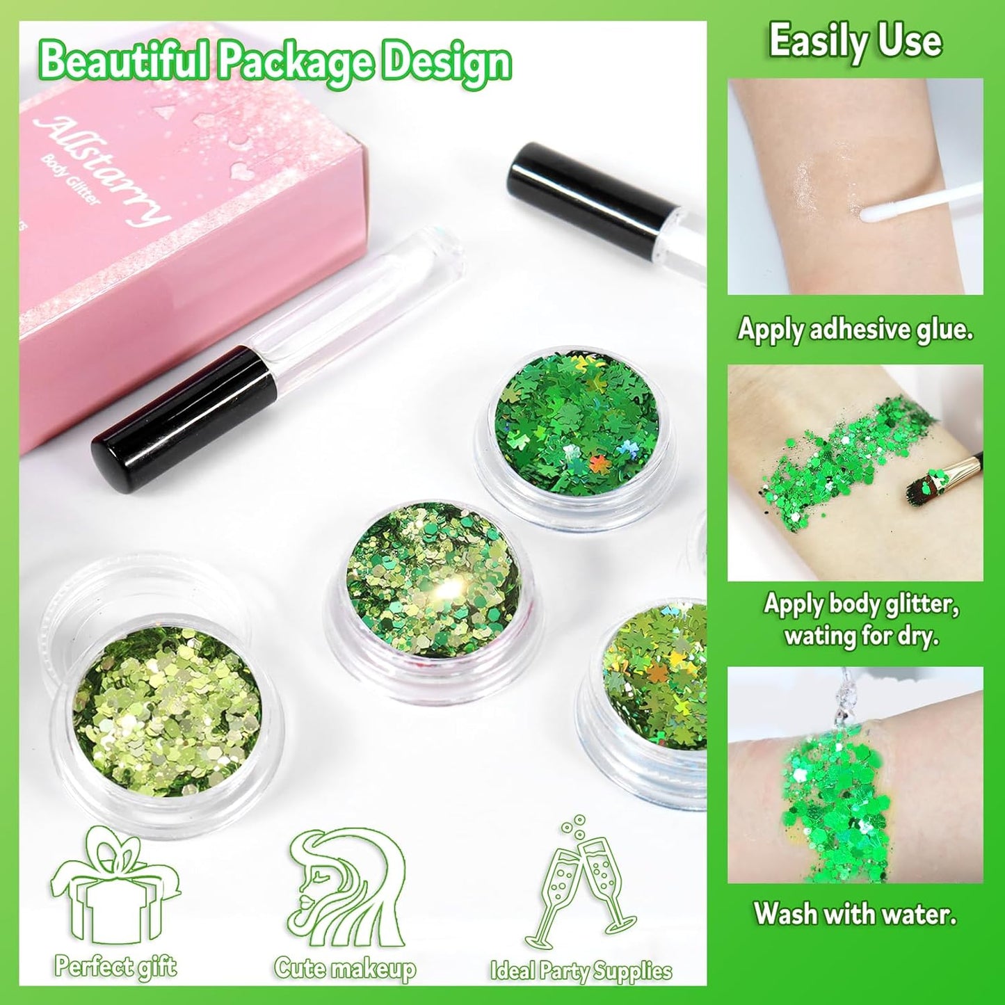 Allstarry Green Body Glitter, 4 Colors Cosmetic Green Face Glitter, Shamrock Face Eyeshadow Makeup Hair and Eye Glitter St Patricks Day Accessories Green Makeup Shamrock Decorations