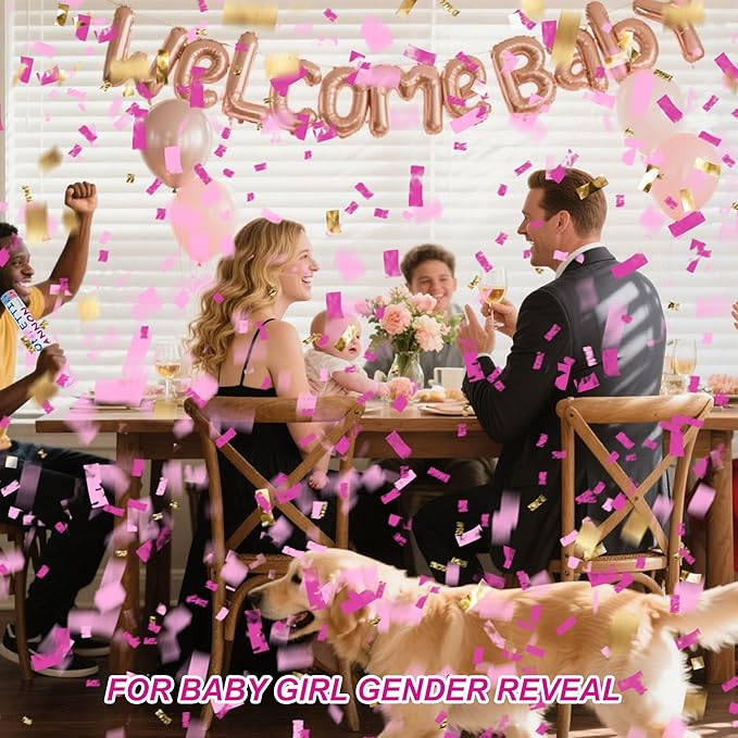 2 Pack Gender Reveal Confetti Cannon, 12 in Pink Rectangle shaped Paper Party Poppers Cannons, Confetti Poppers For Baby Girl Gender Reveal Baby Showers (Rectangle, Pink)