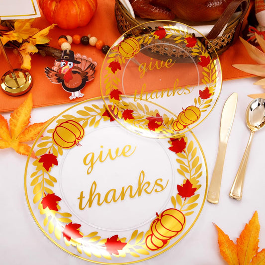 Rubtlamp 60 Pcs Thanksgiving Plastic Plates, Clear Gold Disposable Plates, Red Gold Thanksgiving Party Plates Includes 30 Pcs 10.25” Gold Dinner Platos, 30 Pcs 7.5”Clear Dessert Platos for Autumn